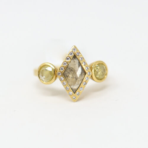 3 stone fancy diamond statement ring by Todd Reed, diamond shape kite shape marquise trilogy