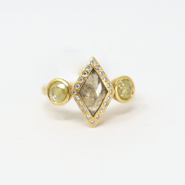 3 stone fancy diamond statement ring by Todd Reed, diamond shape kite shape marquise trilogy