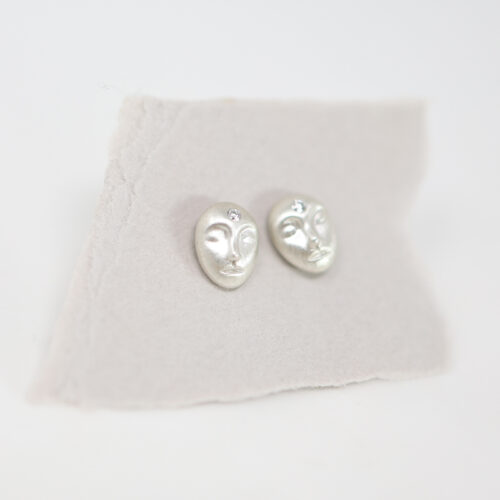 large grey lady Cameo earrings with diamond by hannah blount, sterling silver studs