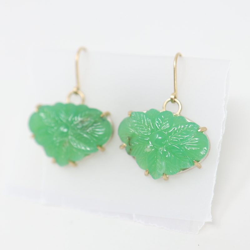 hannah blount Hillside Bloom Carved Chrysoprase Vanity Earrings, green dangle earrings