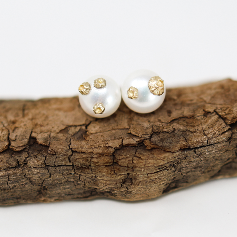 Hannah Blount Ruthie B pearl stud earrings with barnacles