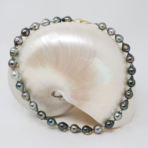 Hannah Blount raven Tahitian pearl Ruthie B. necklace with gold barnacles