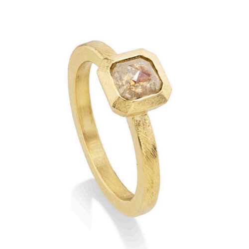 Todd Reed koi pond peach and apricot diamond, square bezel engagement ring, natural diamond