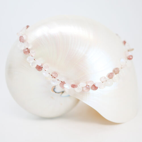 lena skadegard moonstone, strawberry quartz, rose quartz petal necklace