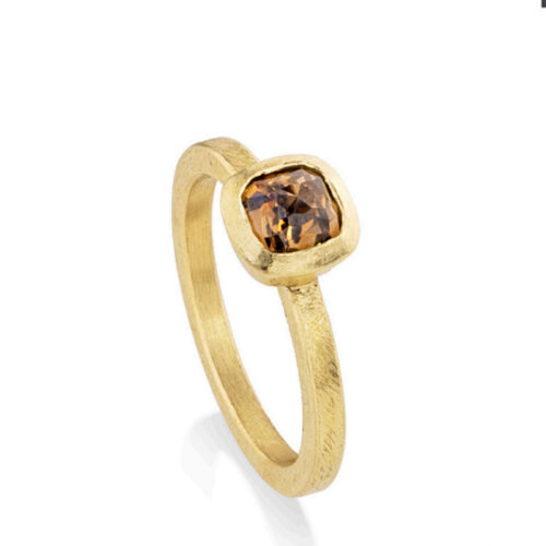 Todd Reed fancy cut square diamond ring in yellow gold bezel, cognac, chocolate diamond solitaire engagement ring