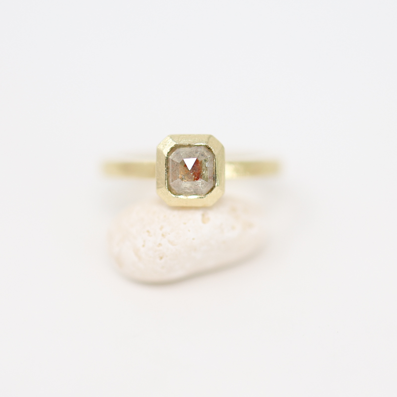 Todd Reed koi pond peach and apricot diamond, square bezel engagement ring, natural diamond