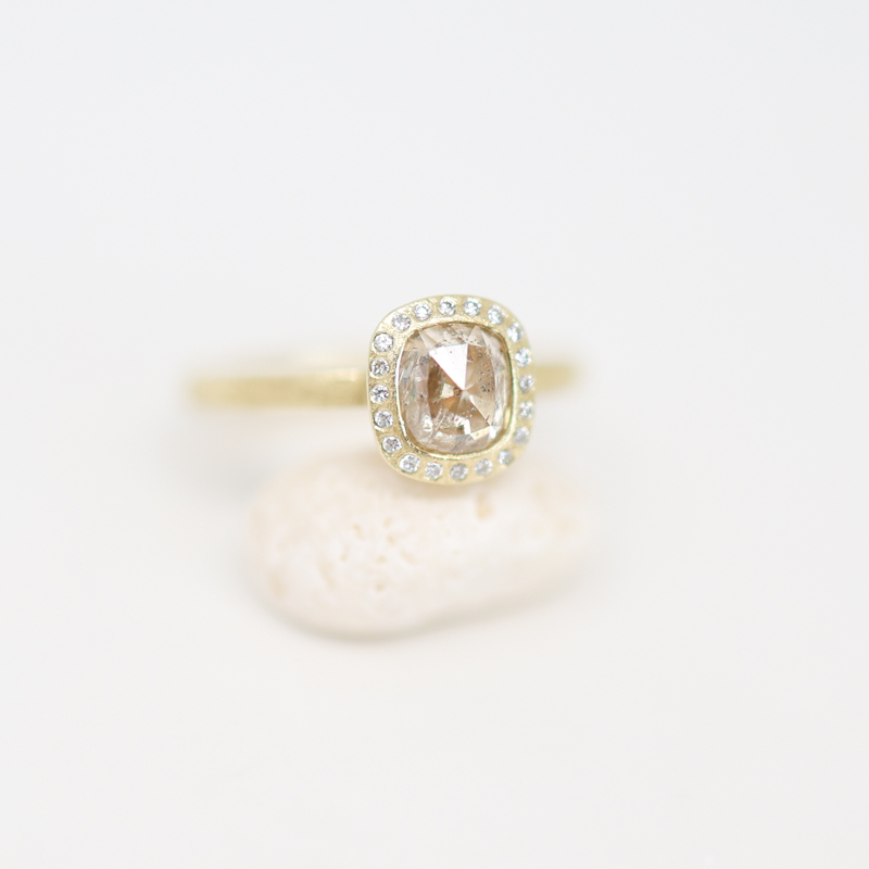 Todd Reed fancy diamond solitaire with diamond bezel, taupe, champagne, peach, cognac diamond engagement ring