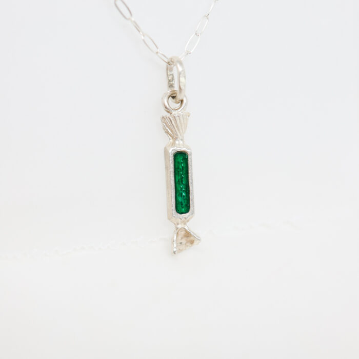 green candy charm necklace, sterling silver