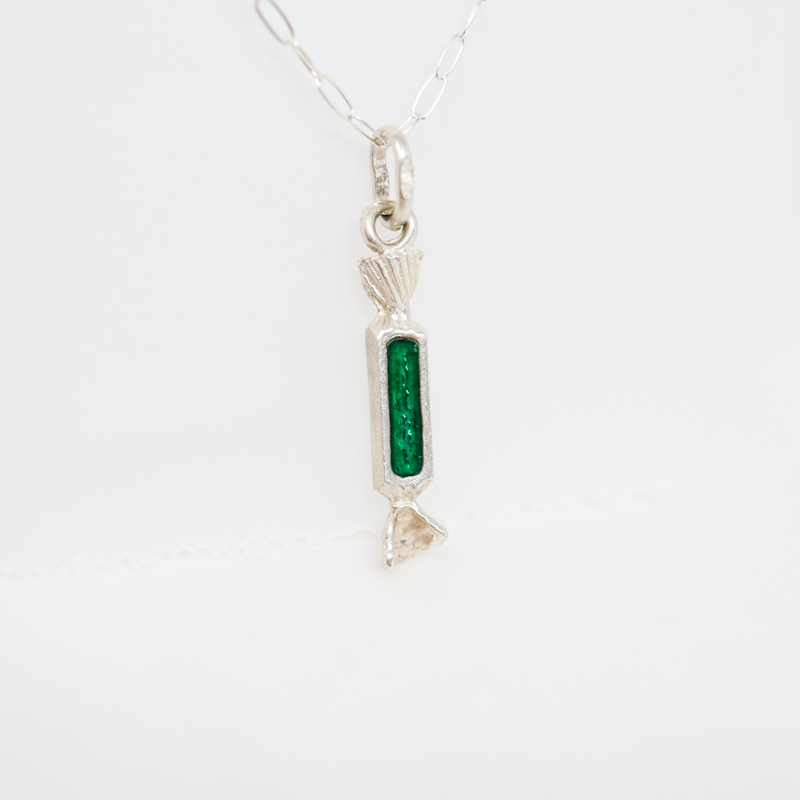 green candy charm necklace, sterling silver