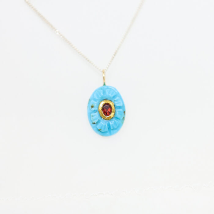 floral turquoise pendant with garnet and solid gold