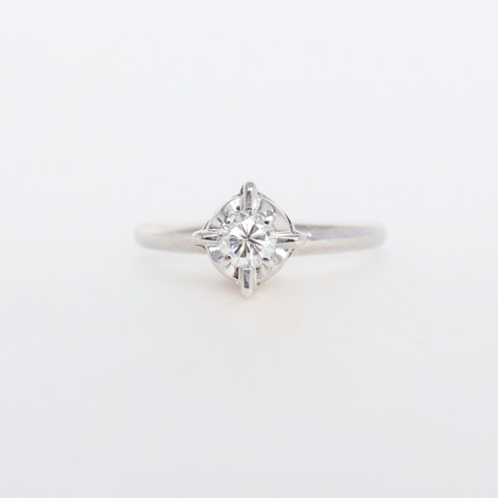 vintage white gold diamond ring, compass set engagement ring