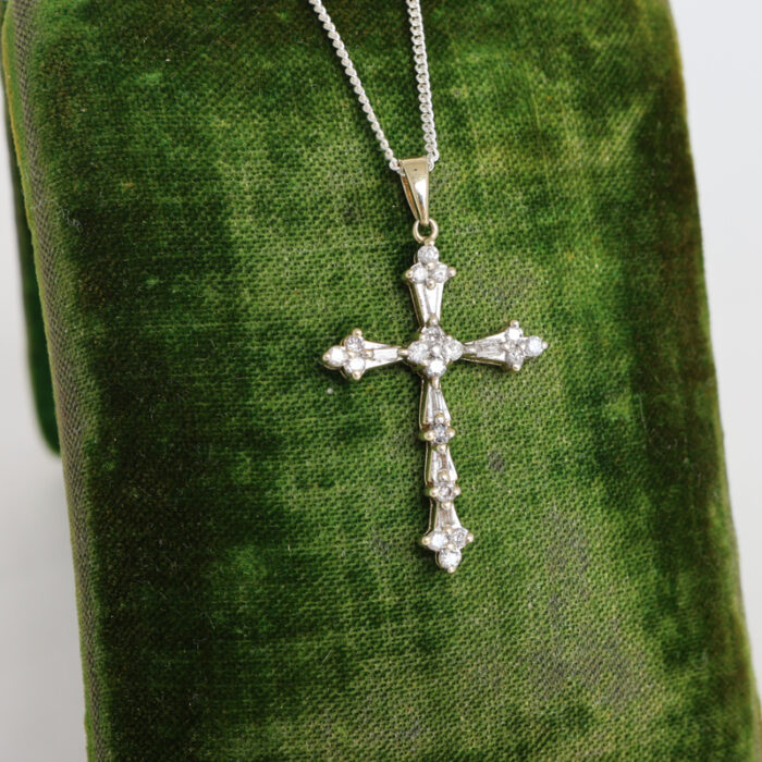vintage solid gold and baguette diamond cross pendant