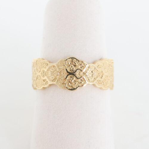 ornate solid yellow gold wedding band, wide band