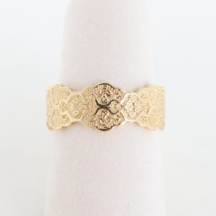 ornate solid yellow gold wedding band, wide band