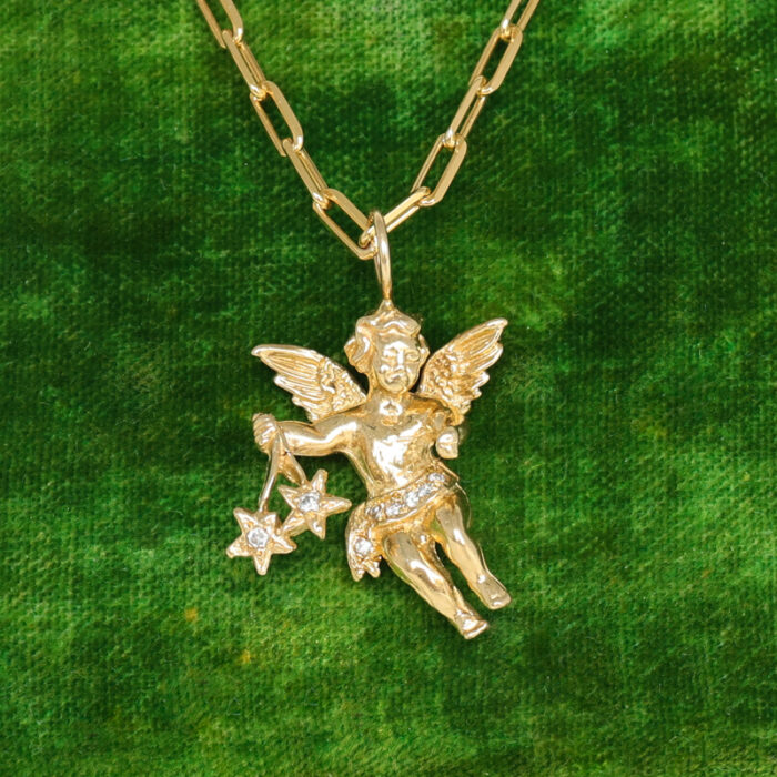 reserved: vintage sculptural cherub pendant & gold fill paperclip chain