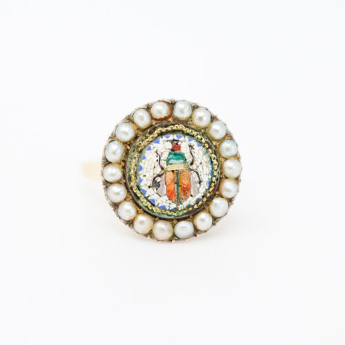 antique micromosaic insect ring with pearls in solid gold