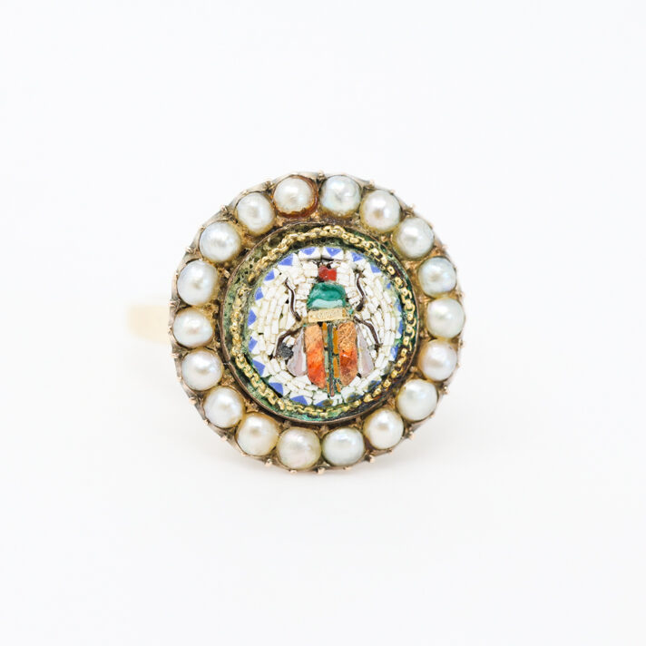 antique micromosaic insect ring with pearls in solid gold