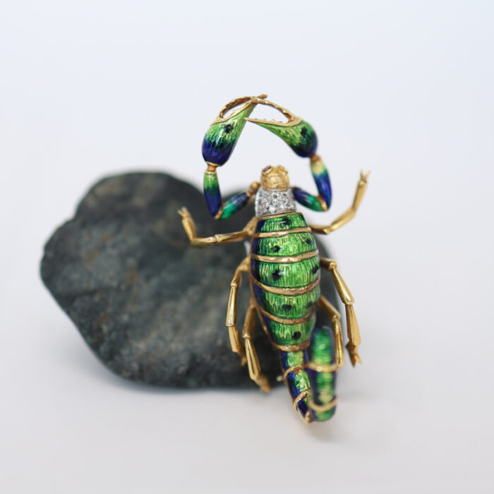 18k yellow gold, enamel, and diamond scorpio pin brooch