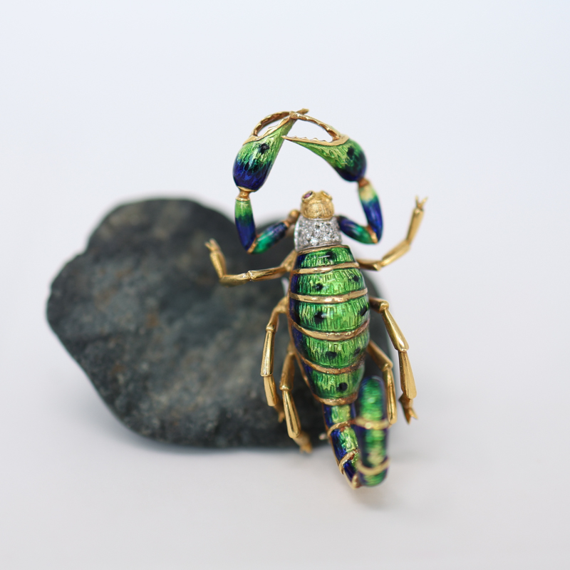 18k yellow gold, enamel, and diamond scorpio pin brooch