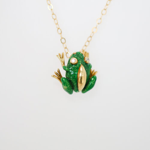 green and yellow gold frog enamel brooch pendant necklace