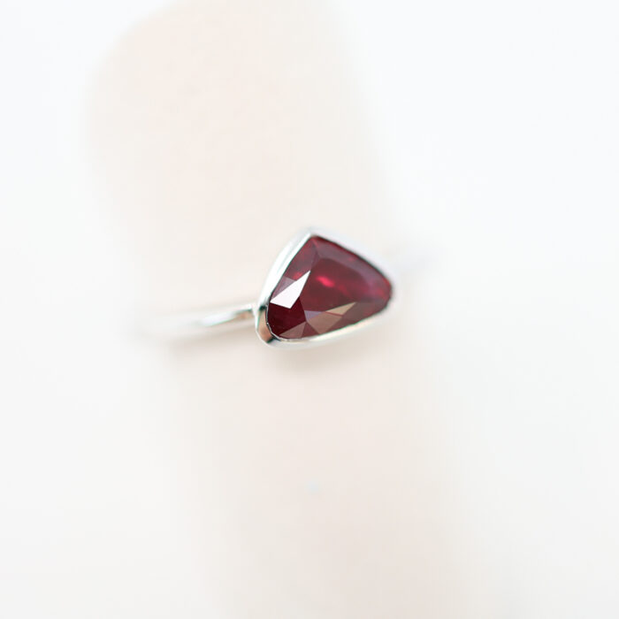 trillion, triangle, modified pear ruby ring in white gold