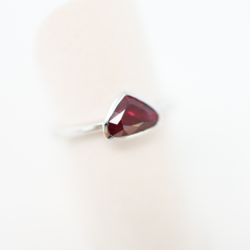 trillion, triangle, modified pear ruby ring in white gold