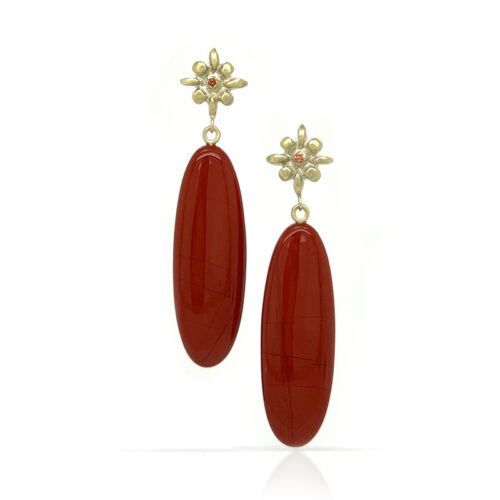Judi powers red jasper and tangerine sapphire lily earrings at Salt Hill Jewelry store downtown Fargo