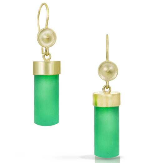 Judi Powers chrysoprase temple dangle earrings, green gemstone by Judi Powers Salt Hill Jewelry store Fargo