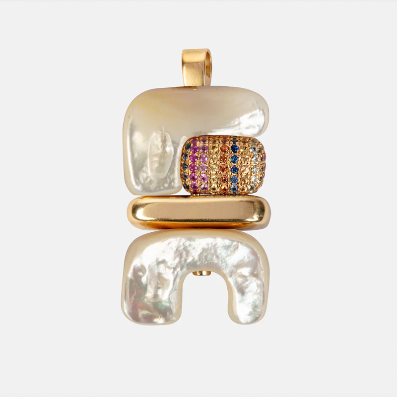 Joelle Kharrat jewelry Totem pendant: multicolor sapphire gold and mother of pearl at Salt Hill Jewelry store downtown Fargo