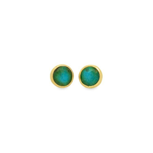 Judi Powers sonoran turquoise and solid gold stud earrings at Salt Hill Jewelry store downtown Fargo