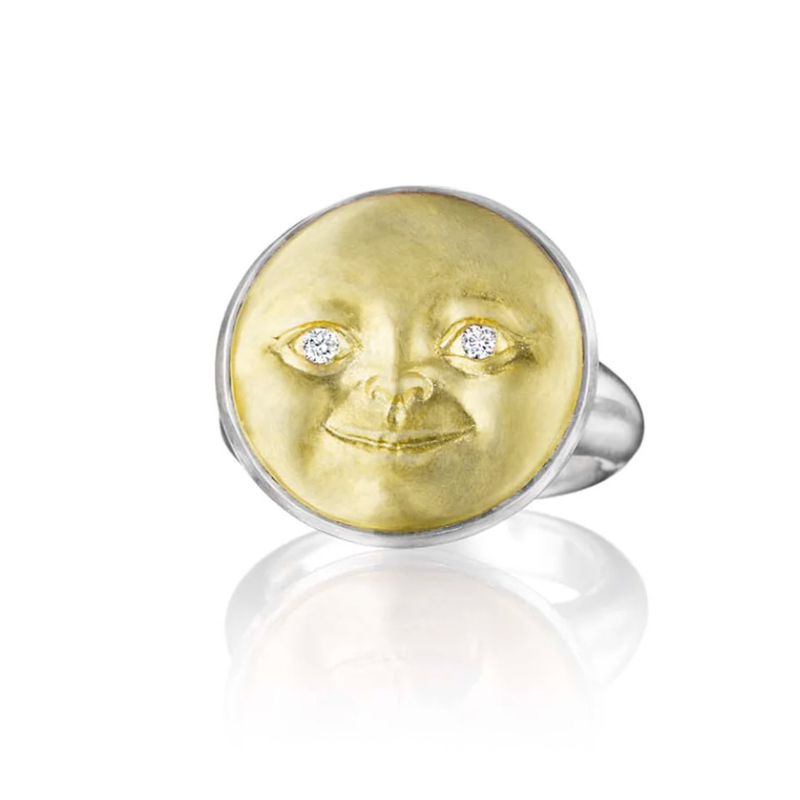 Anthony Lent sterling silver and good moonface ring with diamond eyes