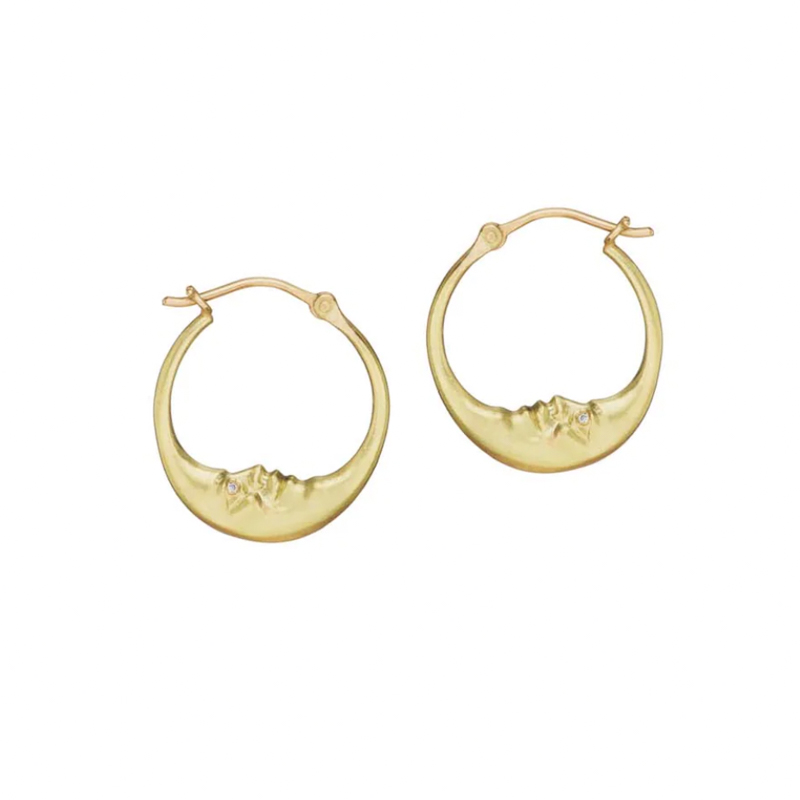 Anthony Lent crescent moon hoops earrings, solid yellow gold hoops at Salt Hill Jewelry store downtown Fargo
