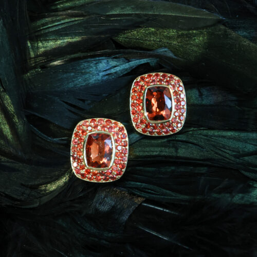 red labradorite and sapphire earrings, solid yellow gold estate earrings Salt Hill Jewelry Fargo