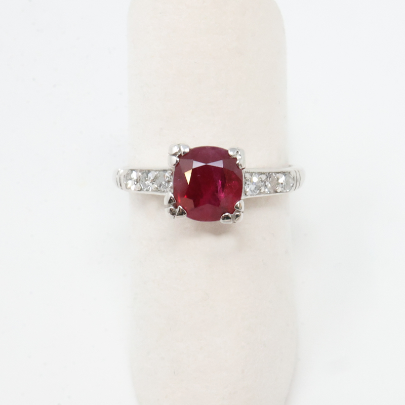 vintage platinum, diamond and ruby ring, alternative engagement ring