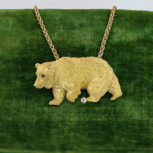 solid 18k yellow gold, ruby, and diamond pendant brooch