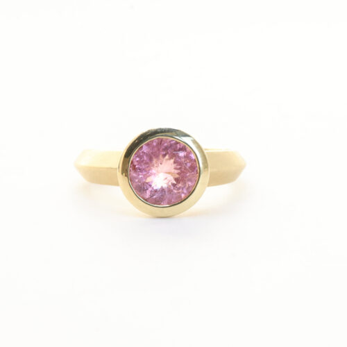 Karin Jacobson round california pink tourmaline ring in Fairmined yellow gold
