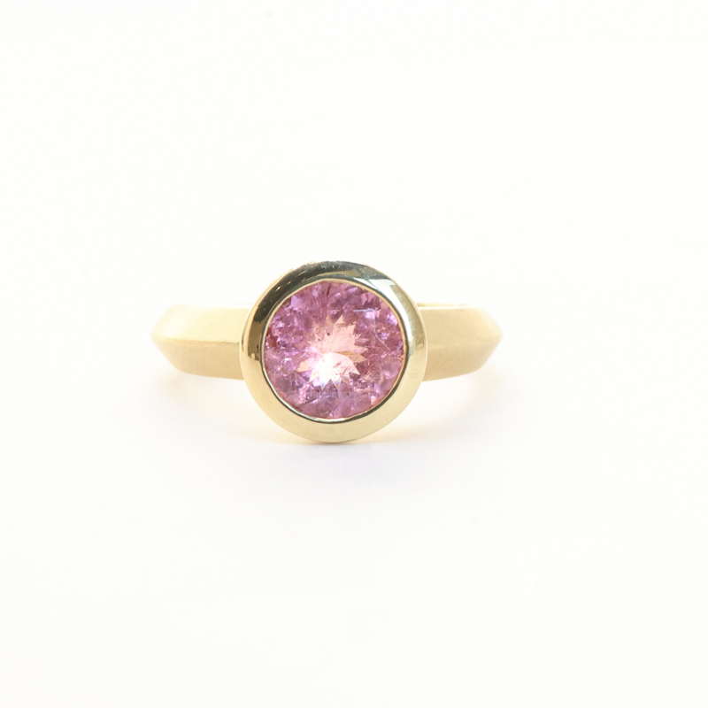 Karin Jacobson round california pink tourmaline ring in Fairmined yellow gold