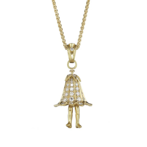 Anthony Lent flower child pendant with diamonds and articulated legs and feet