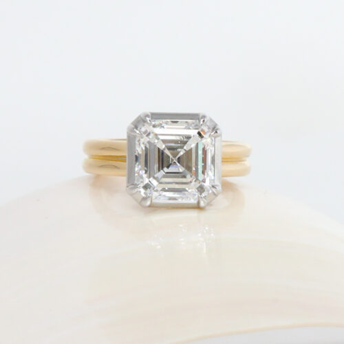 custom engagement rings fargo 4 carat ct asscher cut lab diamond engagement ring two tone bezel and double band