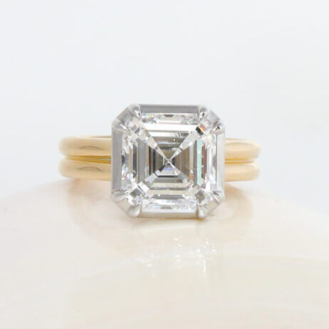 custom engagement rings fargo 4 carat ct asscher cut lab diamond engagement ring two tone bezel and double band