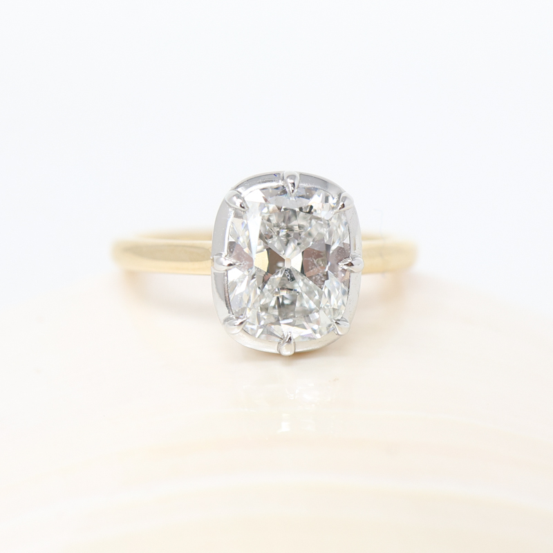 modern coquette lab diamond engagement ring, yellow gold and platinum, two tone